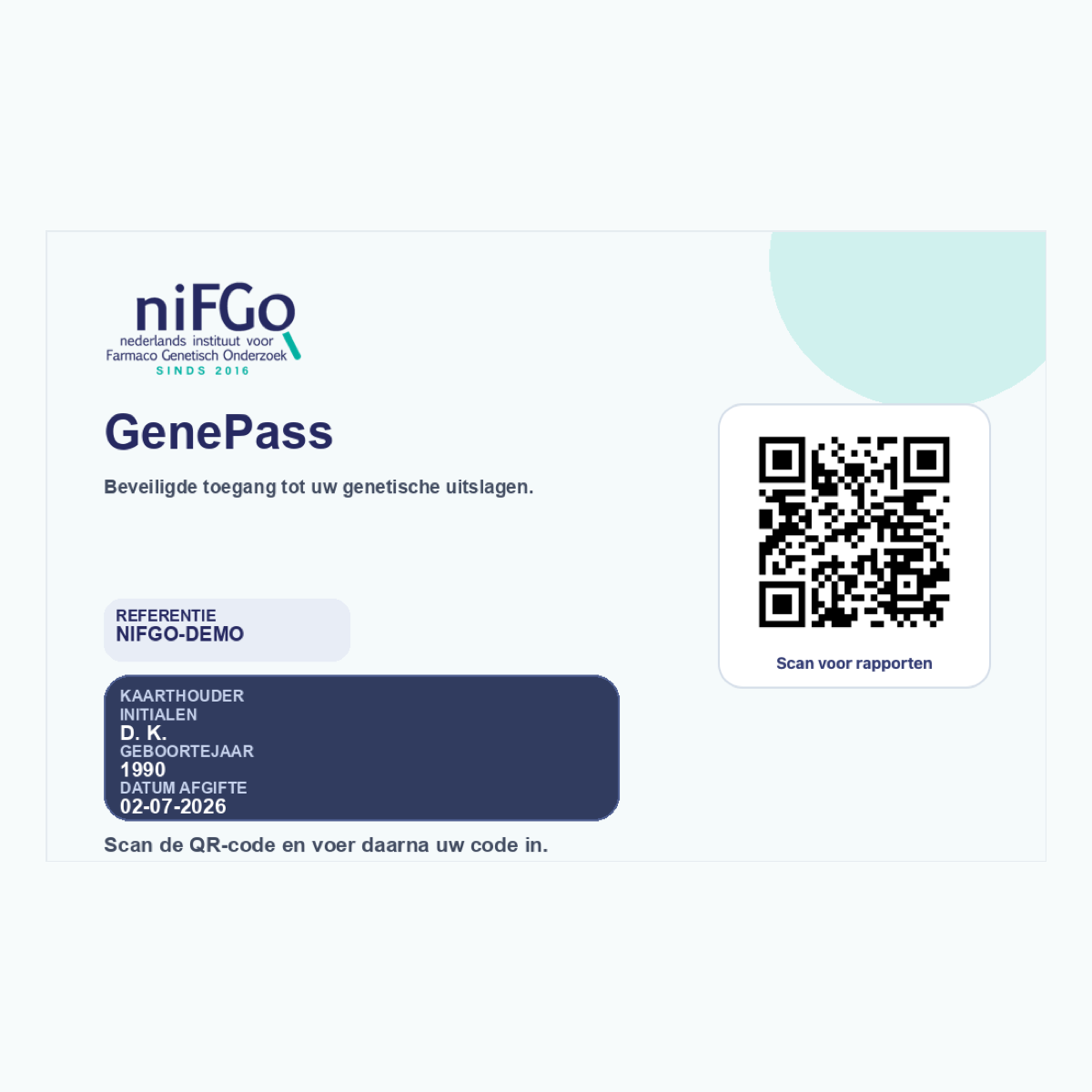 niFGo GenePass kaart met QR-code voor beveiligde toegang tot rapporten